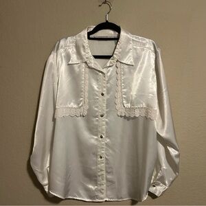 Chic Cream Satin Blouse with Lace Detail